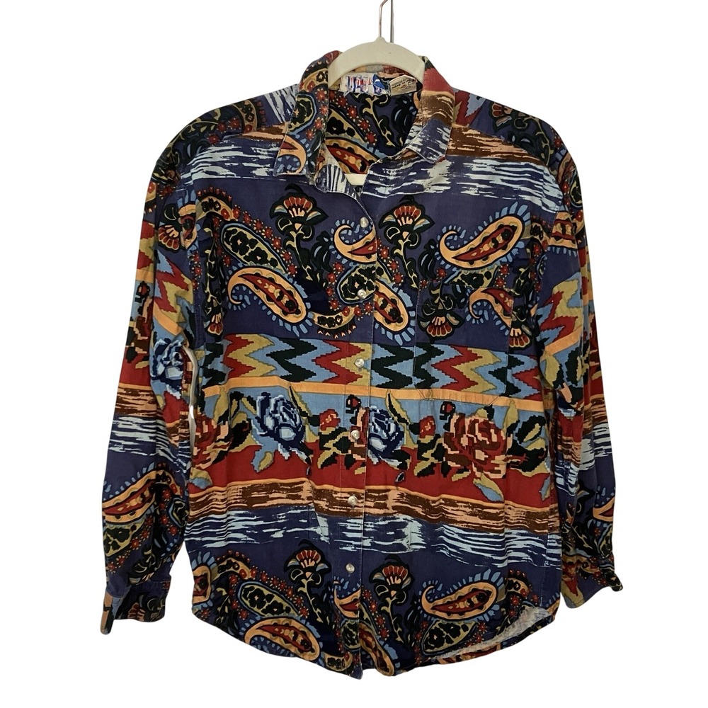 HER Vintage Paisley Floral Geometric Button Down Shirt Mens Medium Multi Color